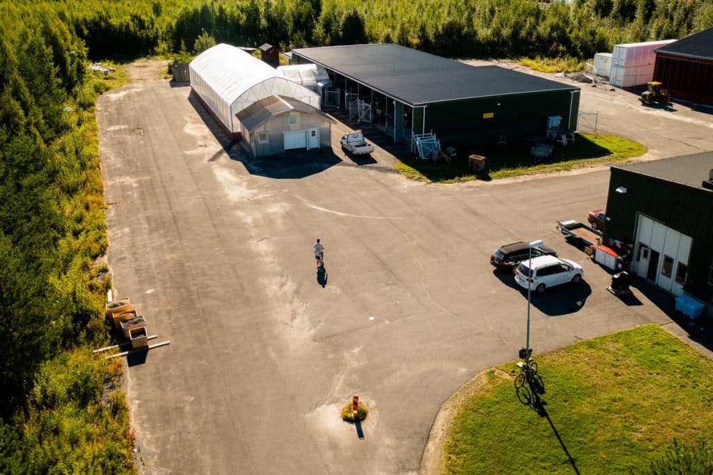 Drone image of the greenhouse in Boden, heated by waste heat from a small data centre. The sun is shining and a person is cycling in front of the greenhouse. 