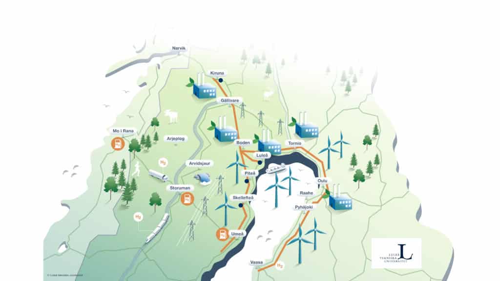 Illustration of northern Sweden and Finland with wind power, hydrogen pipelines, trains and power lines.