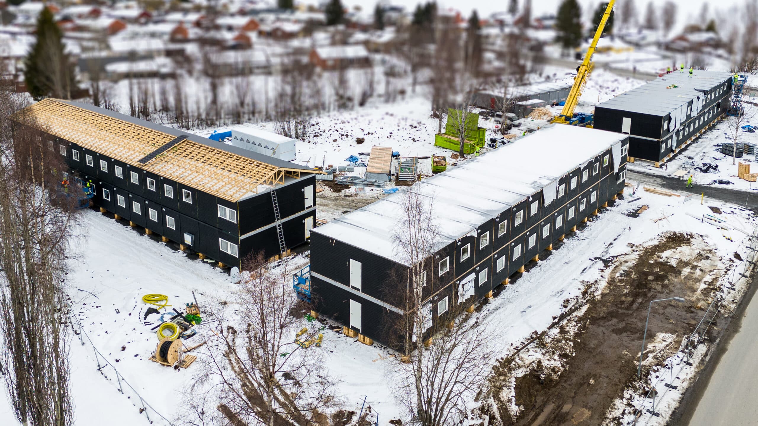 Drönarbild över entreprenörsbostäder på Nylandsbäcken