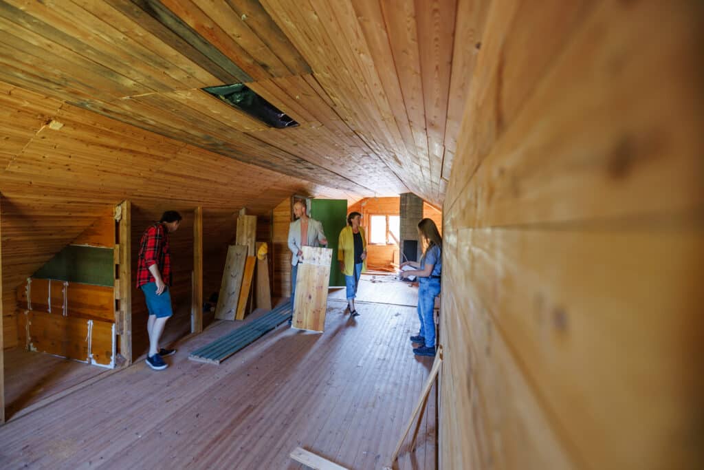 Deserted houses in the river valley, attic with the team