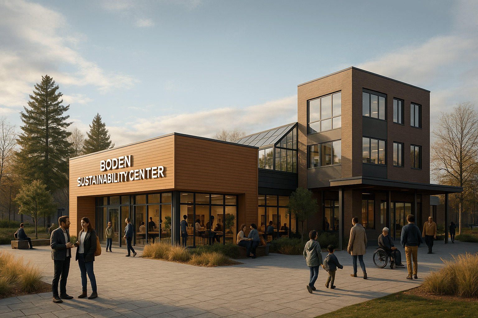 Visionsbild av Boden Sustainability Center: ett modernt, tvåvånings hållbarhetscenter i trä och glas omgivet av grönska och människor i rörelse. Byggnaden har stora fönster, ett växthusliknande glastak och är tydligt skyltad med centrumets namn. På gårdsplanen syns människor i olika åldrar samlade i samtal och aktivitet.